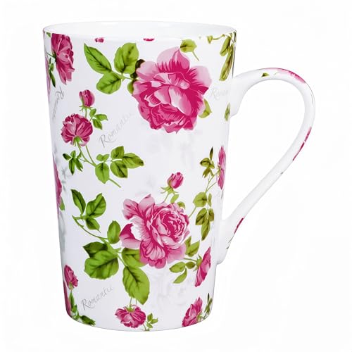 Taza alta de café Bone China floral 14 oz blanca-rosada