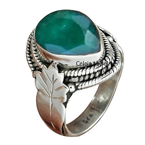 Anillo de pera facetado de piedra preciosa verde esmeralda natural, anillo de declaración de plata de ley pura, anillo de banda de mujer, anillo adorable, anillo único de piedra de nacimiento de mayo