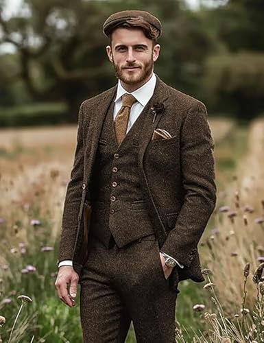 Mens Tweed Suit 3 Piece Slim Fit Herringbone Suits Wedding Suit Jacket Vest Pants Brown Tweed Suits for Men4