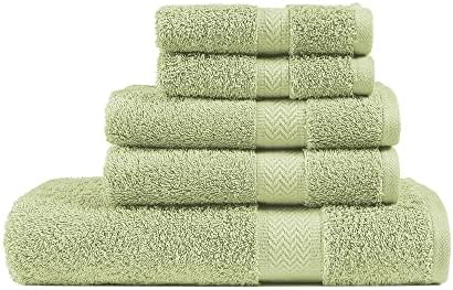 Bath Towels Set, 5 Piece Towels for Bathroom, 100% Cotton Large Bath Towels, Super Absorbent Bath Hand Towels, Quick Dry Bathroom Towel Set,1 Bath Towel, 2 Hand Towels, 2 Wash Cloths - Sage Green