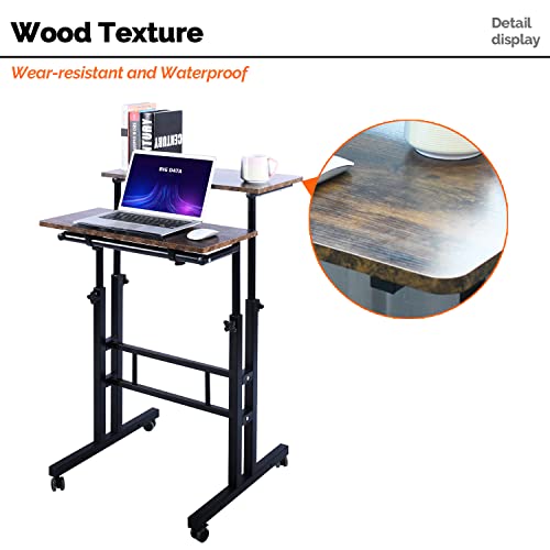 Aiz Double Adjustable Computer Desk Home Office Workstation With Rolling Wheels, Portable Laptop Table For Standing Or Sitting, Adults Or Children,Brown, Black & Yellow #TOP4