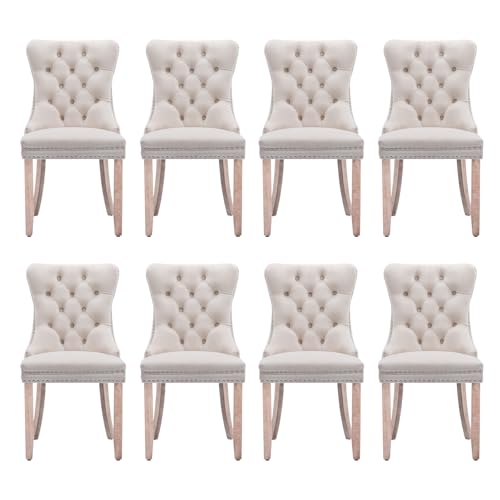 SoarTalent Velvet Upholstered Dining Chairs Set of 8, Modern Style Kitchen Side Chairs with Nailhead Trim and Wood Legs,Metal Pulling Ring for Dining Room Living Room(Beige)