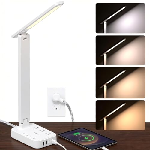 Image of Addtam LED Desk Lamp, Power Strip with 3 Outlets 4 USB Charging Ports(2 USBC), 4 Modes 5 Level Brightness Touch Lamp, Small Desk Lamp for Home Office College Dorm Room Essentials, White