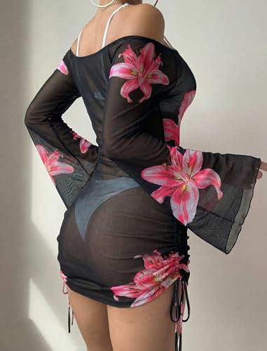 Image of ZAFUL Womens Swimsuit Cover Up Dress Off Shoulder Hollow Coverup Bathing Suit Mesh Swim Beach Dress