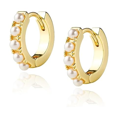 LAVLA Pearl Huggie Earrings | 14k Gold Plated or Silver Small Tiny Pearl Hoop Earrings For Women (Gold Pearl) Cover