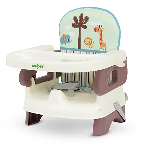 Image of Baybee Portable Baby Booster Chair for Feeding | Folding Dining Chair for Baby with 2 Level Height Adjustable, Food Tray, Safety Belt | Infant Sitting Chairs for Kids 6 Months to 3 Years (Brown)