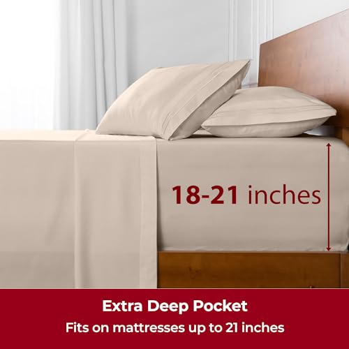 Image of Mellanni Extra Deep Full Sheets - 4 PC Iconic Collection Bedding - Hotel Luxury, Ultra Soft, Cooling Bed Sheets - Wrinkle, Fade, Stain Resistant (Full, Beige)
