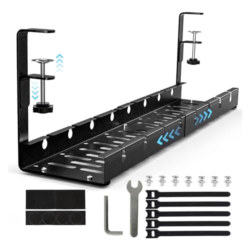 Canaleta para cables de escritorio, retráctil, 30,5 – 55 cm, gestión de cables sin taladrar, bajo mesa, gestión de cables con bandeja para cables