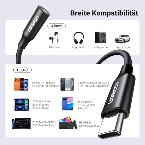UGREEN USB C Klinke Adapter Aux USB C auf 3.5mm Kopfhörer Adapter mit DAC Chip kompatibel mit iphone17/17 air/17pro/17pro max, Galaxy S 25 Serie, iPad, P60/50/40/Mate 30 (Schwarz)