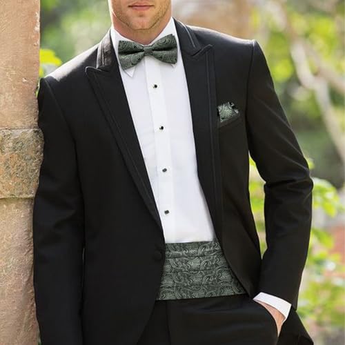 Image of Barry.Wang Men Silk Paisley Cummerbund and Pre-tied Bowtie Handkerchief Cufflink Set for Tuxedo