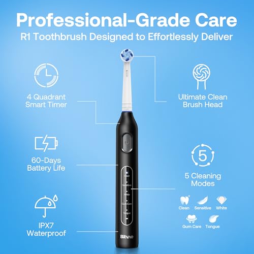 Image of Bitvae R1 Rotating Electric Toothbrush with 8 Brush Heads for Adults and Kids, 60-Day Battery Life, 5 Modes Rechargeable Power Toothbrush with 2-Minute Smart Timer, Black