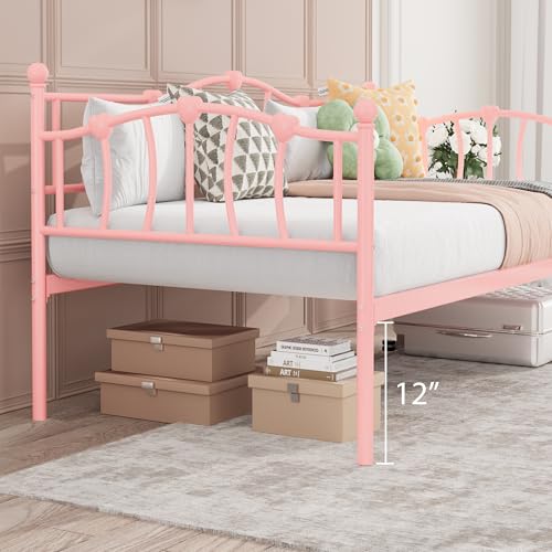 Image of GarveeHome Twin Size Daybed Frame, Metal Platform Sofa Bed with Stylish Headboard, Heavy Duty Steel Slat Support, Space Saving for Living Room /Bedroom /Guest Room, No Box Spring Needed, Pink