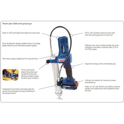 Image of Lincoln 1262 PowerLuber 12 Volt Battery Powered Grease Gun with 30 inch Hose for Automotive, Agricultural, and Industrial Equipment, 8,000 PSI, Trigger-operated, Single Speed, (1) Lithium-Ion Battery Pack