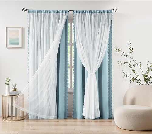 Image of Pom Pom Blackout Curtains with Sheer Overlay for Living Room Bedroom, Kid's Room, Blue Mix and Match Double Layer Window Curtains Rod Pocket Thermal Insulated Curtains with Tiebacks, 2pcs, 52x84, Blue