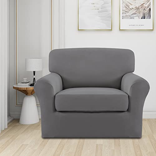 Image of Easy-Going 2 Pieces Stretch Sofa Slipcover for Armchair Washable | Spandex Soft Fitted Sofa Couch Cover for Living Room Washable Furniture Protector with Bottom Kids Pet Light Gray