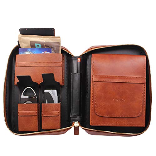 Amancy Portable Multi-Function Brown Leather Cedar Wood Lined 5 Holder Cigar Case, Cigar Organizer Humidor With Cutter And Lighter,Great Gift For Cigar Lovers #TOP3