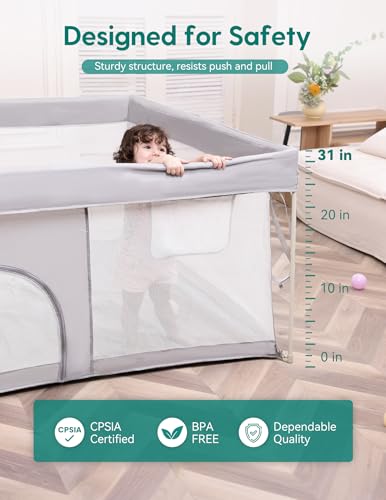 Image of Babelio Foldable Baby Playpen with Mat, 54.5 inch x 54.5 inch Snap-Play Portable Playard for Babies and Toddlers, No Assembly Required, Indoor & Outdoor Kids Safety Play Pen Area, Travel Fence, Grey