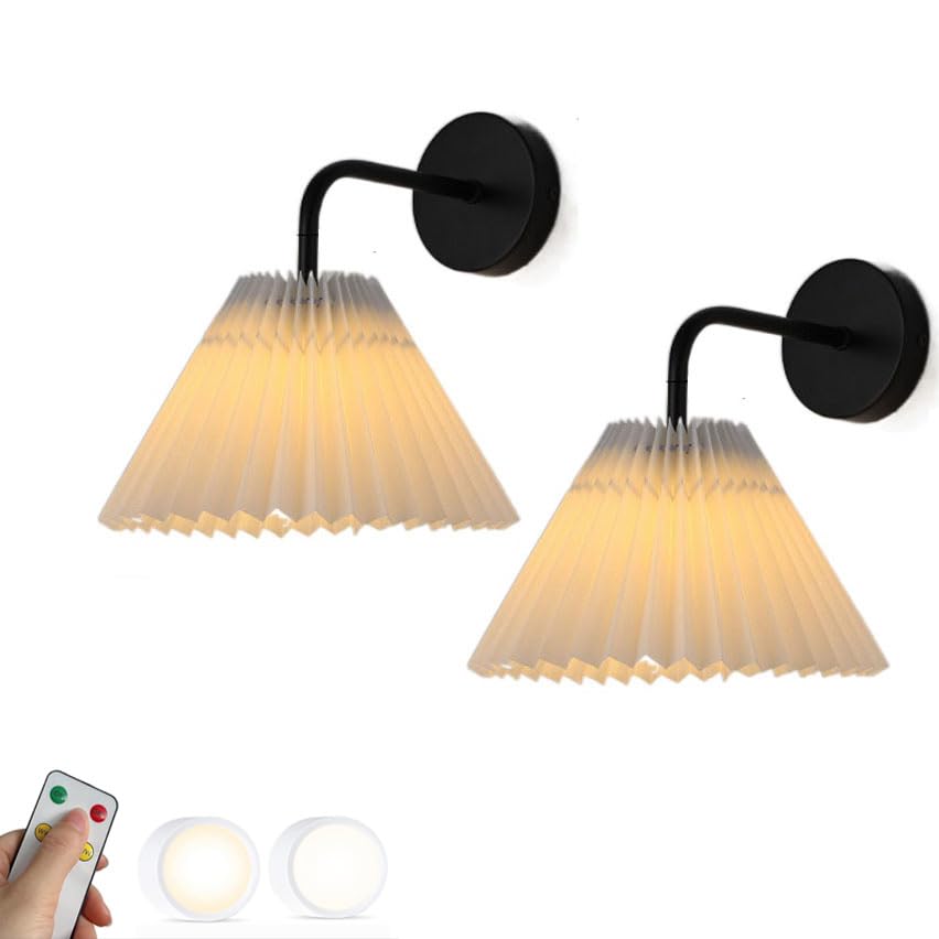 GHBSDNEPP 2 Set Modern Home Decoration Rechargeable Wall Lamp with Remote for Bedroom Battery Operated Wall Sconce Pleated Fabric Shade Black Gold Dimmable Led Wall Light for Bedside Living Room/Black