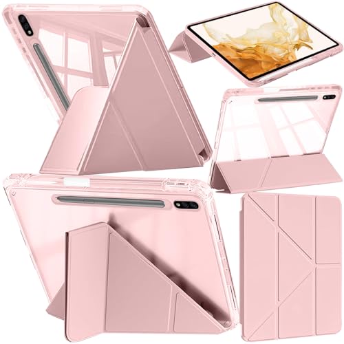 A-BEAUTY Custodia Compatibile con Samsung Galaxy Tab S8 Plus 2022 / S7 FE 2021 / S7 Plus 2020 12.4 Pollici, Cover Trasparente Antiurto, Supporto Trifold 6 in 1 a Forma di Y, Rosa