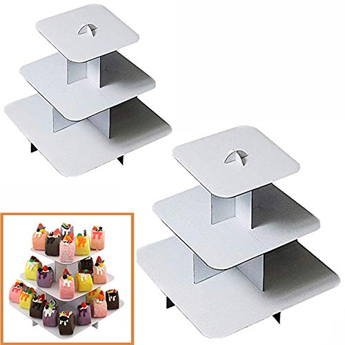 2 Sets 3-Tier White Square (12"W x 10"H) Cardboard Cupcake Stand Dessert Tower
