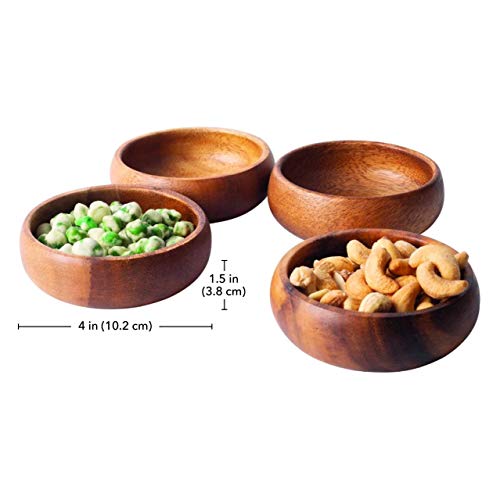 Glaver's Natural Acacia Wooden Bowls Hand-Carved Calabash Dip Tray Bowl S/4 Ideal For Appetizers, Dips, Sauce, Nuts, Candy, Olives, Seeds, Desserts And More. (Round) #TOP4