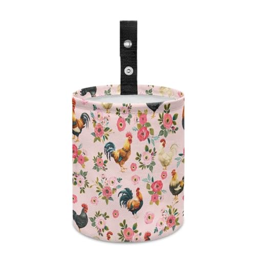 Image of Renewold Car Trash Can Foldable with Adjustable Button Straps Pink Floral Chickens Rooster Organizer Bag for Car Trip Camping Picnic Auto Garbage Can for Console Seat Trash Bin for SUV Van Sedan Truck