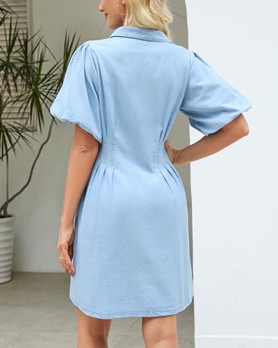 Women's Denim Shirt Mini Dress Short Puff Sleeve Collared Button Down Jean A Line Dress3