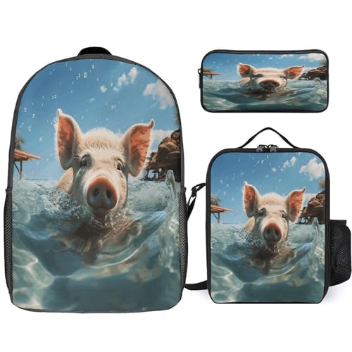 Printed Backpack With Lunch Pack Storage Box Case PigSwim Bathe 3pcs Lightweight Travel Backpack
