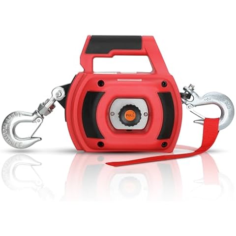 Lonsge Portable Drill Winch of 1000 LB, Red Handheld Drill Winch with 40 Foot Synthetic Rope, Rotate The Hook 360 Degrees, for Lifting & Dragging(Red) Cover