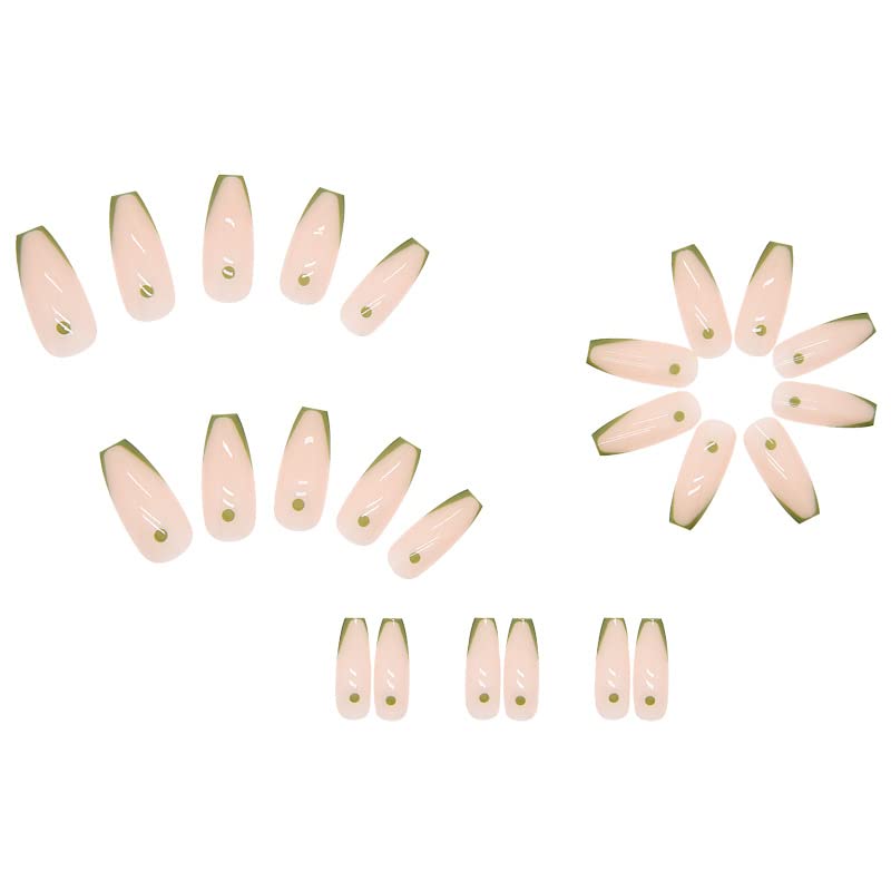Elegant Green Side Press on Nails Medium Coffin Long Glue on Nails Set French Nail Tips Glossy Fake Nails with Glue False Nails with Designs Stick on Nails for Women Nail Kit 24PCS
