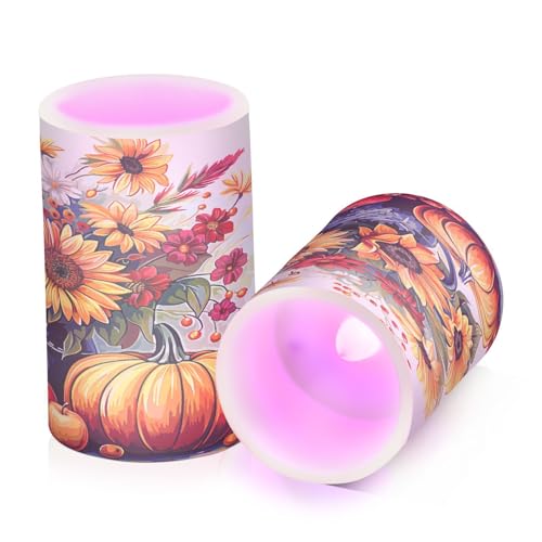 Image of Flickering Flameless Candles, Sunflowers Pumpkins Autumn Thanksgiving LED Candles with Remote Timer, Set of 2 Battery Operated Candle for Valentine Wedding Birthday