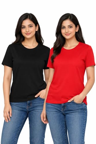 Image of Hangout Hub HH95 Tshirt for Womens | Regular Fit | Super Combed Cotton Women T-Shirt | Solid Plain Tees | Round Neck T Shirt | Half | Pack of 2 | 3 | 4 | 5 | 6