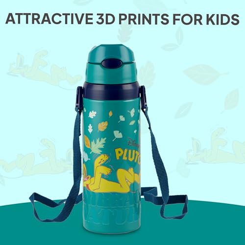 Image of CELLO Kidzbee Autumn 600 Pluto Design Insulated Kids Sipper Water Bottle 600 ml |Food Grade, 3D Touch & Feel Design, BPA Free, Leakproof Easy Press Open Flip Top Cap Insulated Kids Water Bottle