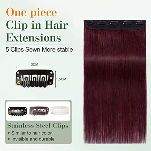 Image of Benehair Burgundy One Piece Clip in Hair Extensions Human Hair Wine Red Clip ins 10inch 3 /4 Full Head Remy Long Straight Natural Soft 5 Clips
