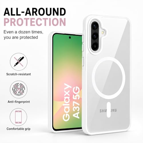 Image of DIZORO Compatible Samsung Galaxy A37 5g Case,Compatible with MagSafe, Non Yellow Military-Grade Drop Protection & Hard PC Back Cover Slim Transparent Anti-Scratch Shockproof Phone Case - White