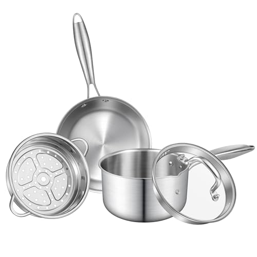 Buttermelt 2.5 QT Stainless Steel Saucepan Set with Steamer Basket & 7 Inch Shallow Pan &ndash; Tri-Ply...