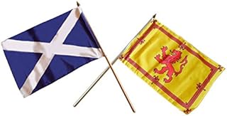 BUZZ Scotland Small Hand Flags - Mixed Pair of St. Andrew's Cross Scottish Lion Rampant Flags - Hand Waving Scottish Flags - 9" X 6" / 23 x 15 cm - on a 1ft Wooden Pole. Smaller Size - Great for Kids