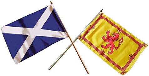 BUZZ Scotland Small Hand Flags - Mixed Pair of St. Andrew's Cross Scottish Lion Rampant Flags - Hand Waving Scottish Flags - 9" X 6" / 23 x 15 cm - on a 1ft Wooden Pole. Smaller Size - Great for Kids
