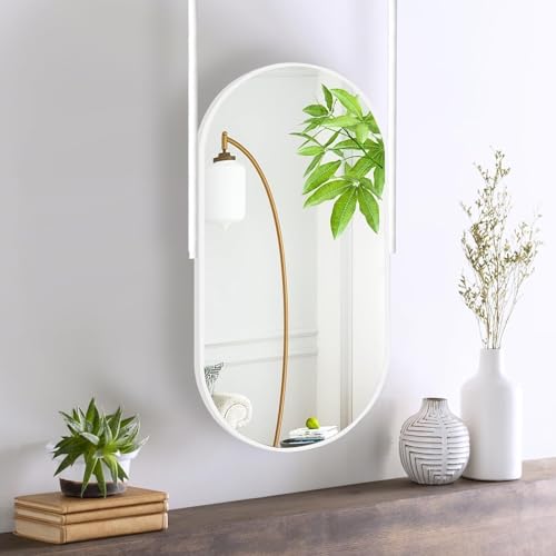 Miroir ovale avec cadre en métal blanc suspendu 50x70 pour salon et salle de bain