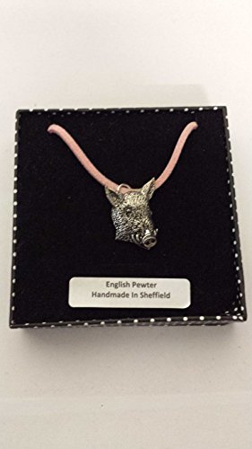 Pendentif sanglier étain 3D collier cordon rose ajustable 41cm