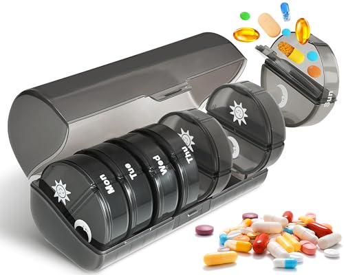 WEKUBA Weekly Medicine Organizer 2 Times a Day منظم ادوية يومية منظم حبوب Large Daily Pill Box with Double Light-Proof Reinforced hinges Safety clasps AM PM Pill Case (Black)