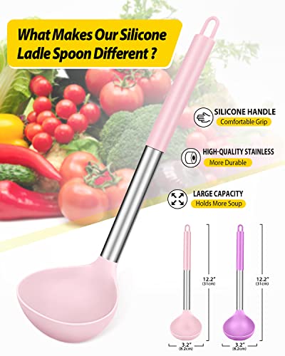 Pack of 2 Ladle Spoon,Silicone Large Spoon for Soup,Non Stick Kitchen Utensils with High Heat Resistant,BPA Free Perfect Kitchen Tools for Cooking, Stirring,Serving Soups (PINK-PURPLE) - Image 3