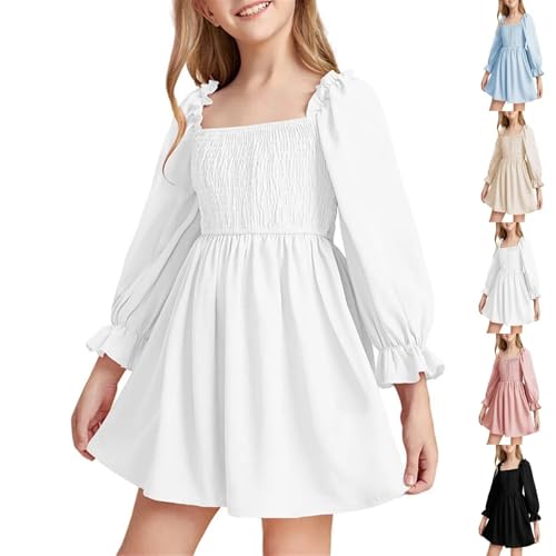 Kids Girls Summer Dresses Square Neck Lantern Sleeve Ruffle A-Line Mini Dress Backless Smocked Party Pirate Dress