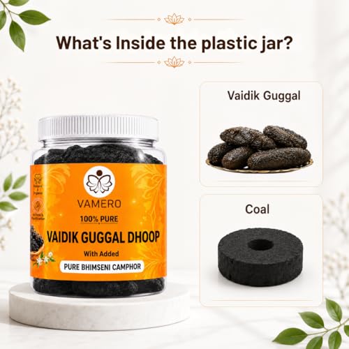 Image of VAMERO Vaidik Guggal Dhoop 200g | with Added Pure Bhimseni Camphor | India's First | for Home, Mandir, Puja, Meditation-Yoga, Office, Shop, Positive | Long Lasting Fragrance | Free Charcoal Tablets