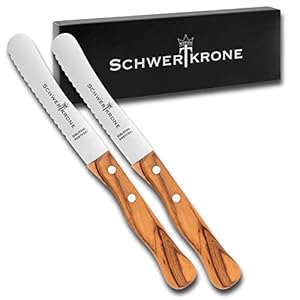 Schwertkrone Buckelmes met gekartelde rand en olijfhout set van 2 – het Bergische ontbijtmes – Made in Germany – broodmes broodmes
