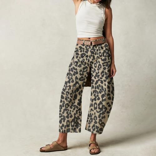Women's Leopard Print Jeans Loose Fit Mid Rise Wide Leg Pants Baggy Cropped Barrel Jeans4