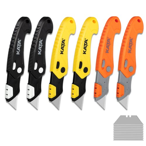 KATA 6-Pack Utility Knife, Folding Box Cutter for Cartons, Cardboard and Boxes, Quick Change Blade, 10pcs Extra SK5 Blades Included, Lock Back Mechanism