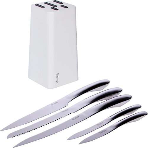 Kitchen Knife Set W/Wooden Block By Montaig (5 Piece Deluxe Set) Chef, Carving, Bread, Utility & Paring Knives Made Of 420 Grade Stainless Steel Elegant Design & Dishwasher Safe