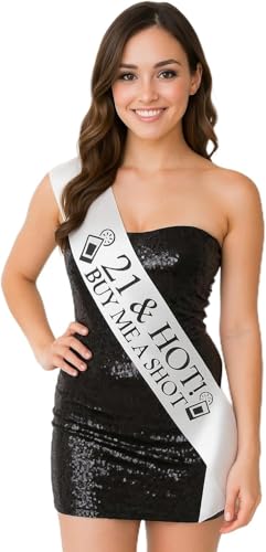 Fuzzy Cactus 21 & Hot Buy me a Shot! Party Sash 21st Birthday Night Twenty One Going Out Sashes Accessory - White