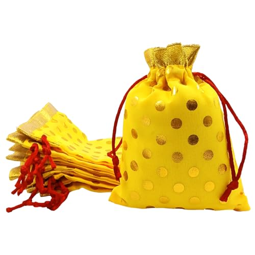 Soul Artisan Potli Drawstring Bag Yellow Color - Polka Dot with Golden Border for Return Gifts, Wedding, Baby Shower, Haldi Functions, Dry Fruit and Jewelry Packaging Size 12X18 cm | Pack of 10